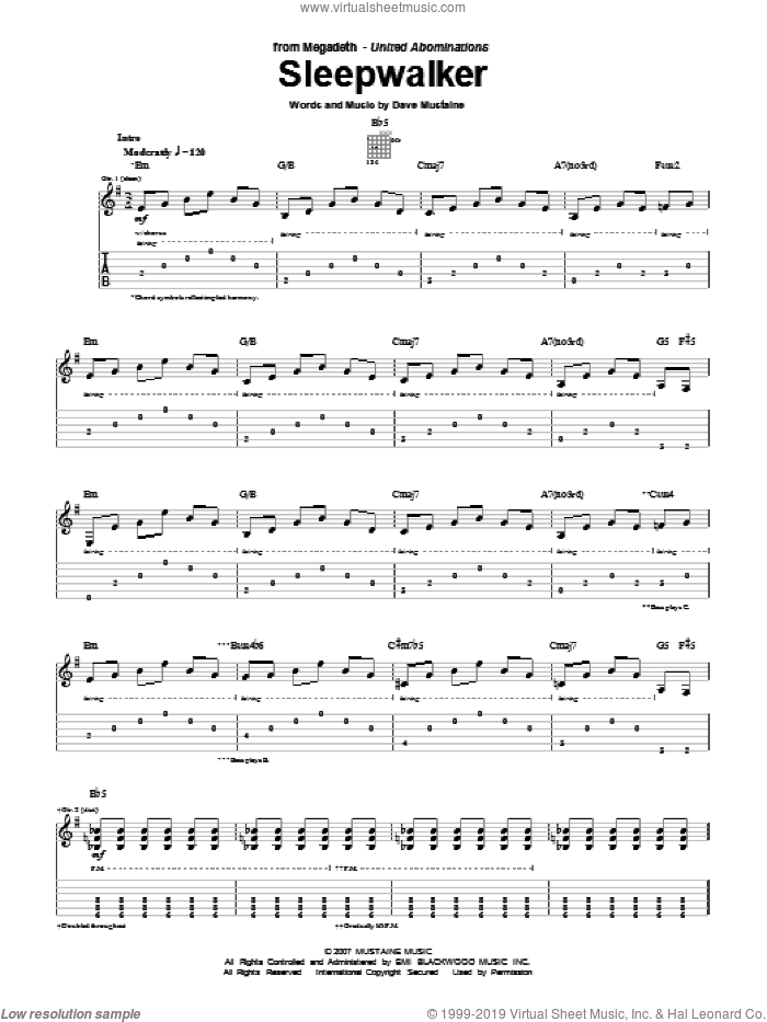 Sleepwalker sheet music for guitar (tablature) by Megadeth and Dave Mustaine, intermediate skill level