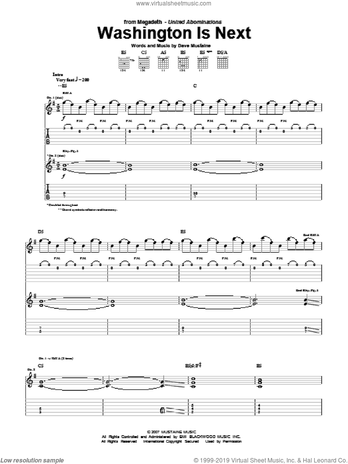Washington Is Next sheet music for guitar (tablature) by Megadeth and Dave Mustaine, intermediate skill level