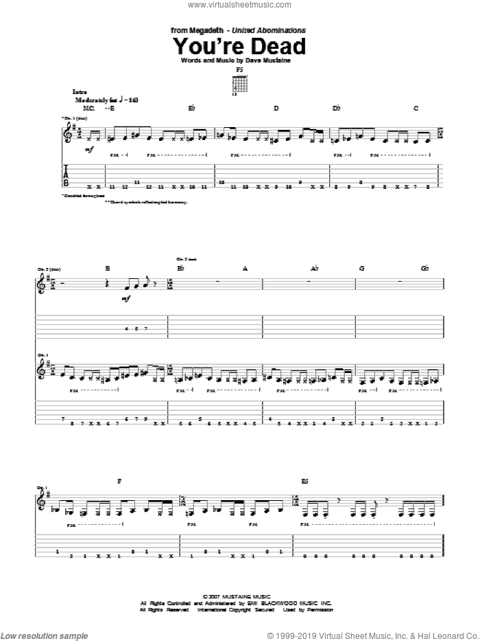 You're Dead sheet music for guitar (tablature) by Megadeth and Dave Mustaine, intermediate skill level