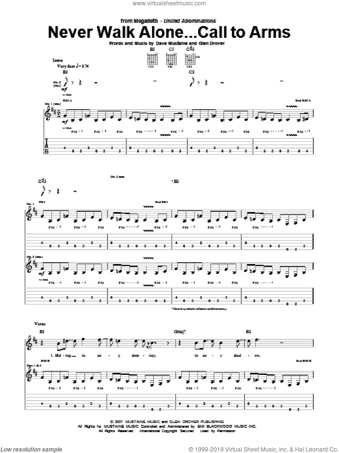 Never Walk Alone...Call To Arms sheet music for guitar (tablature) by Megadeth, Dave Mustaine and Glen Drover, intermediate skill level