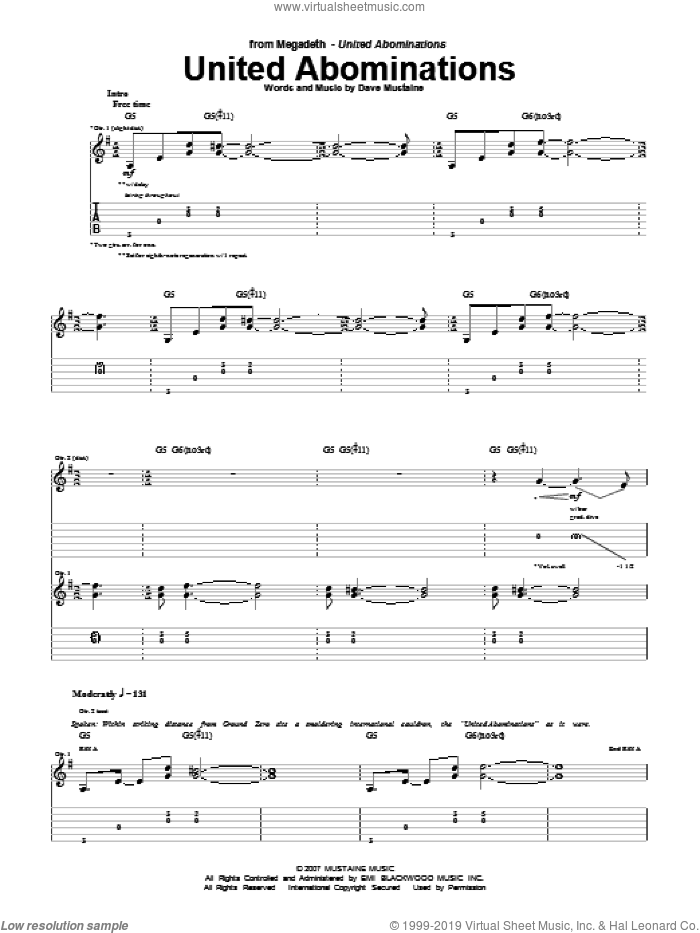United Abominations sheet music for guitar (tablature) by Megadeth and Dave Mustaine, intermediate skill level