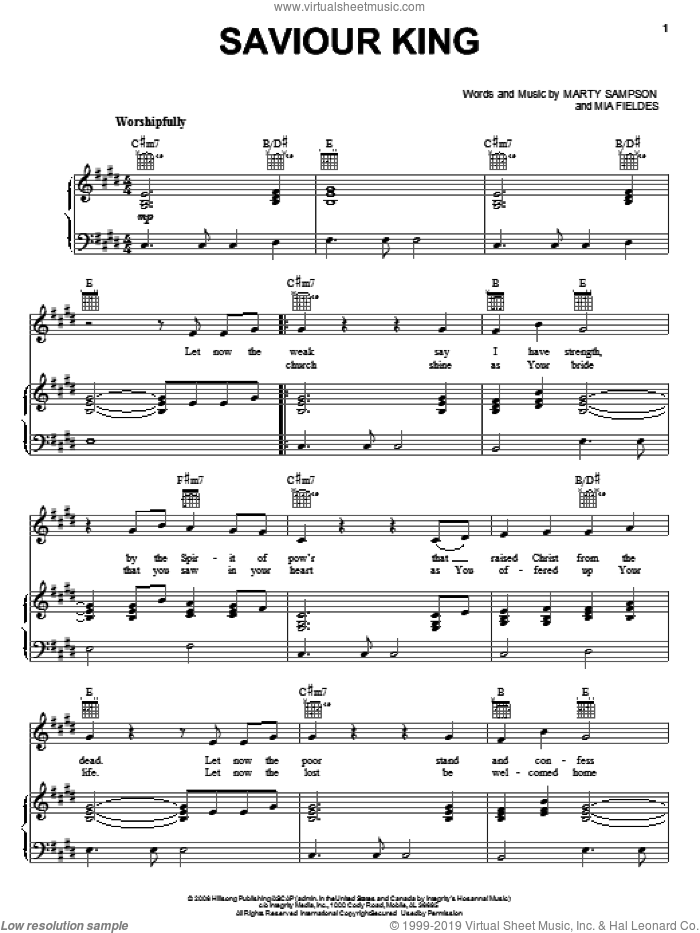 Saviour King sheet music for voice, piano or guitar by Marty Sampson and Mia Fieldes, intermediate skill level