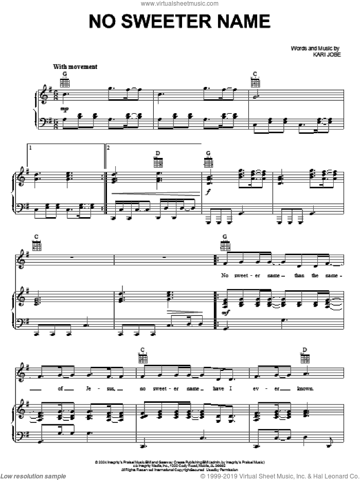 No Sweeter Name sheet music for voice, piano or guitar by Kari Jobe, intermediate skill level
