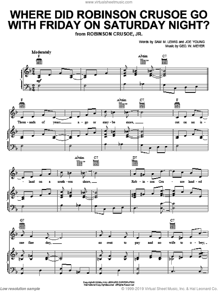 Where Did Robinson Crusoe Go With Friday On Saturday Night? sheet music for voice, piano or guitar by Al Jolson, Geo. W. Meyer, Joe Young and Sam Lewis, intermediate skill level