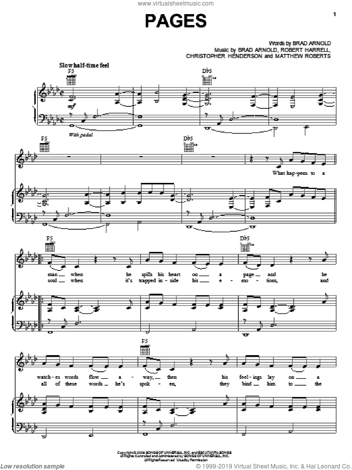 Pages sheet music for voice, piano or guitar by 3 Doors Down, Brad Arnold, Christopher Henderson, Matthew Roberts and Robert Harrell, intermediate skill level