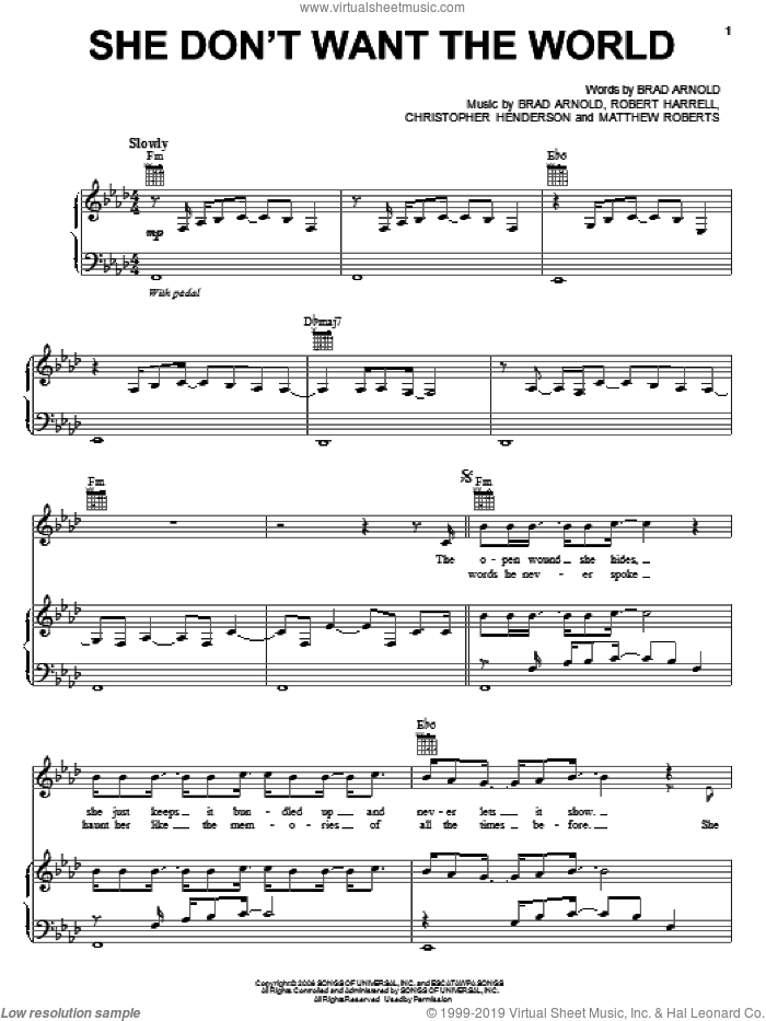 She Don't Want The World sheet music for voice, piano or guitar by 3 Doors Down, Brad Arnold, Christopher Henderson, Matthew Roberts and Robert Harrell, intermediate skill level