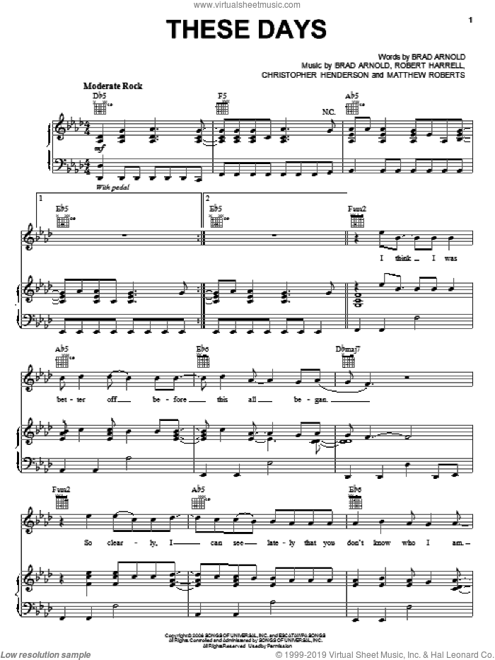 These Days sheet music for voice, piano or guitar by 3 Doors Down, Brad Arnold, Christopher Henderson, Matthew Roberts and Robert Harrell, intermediate skill level