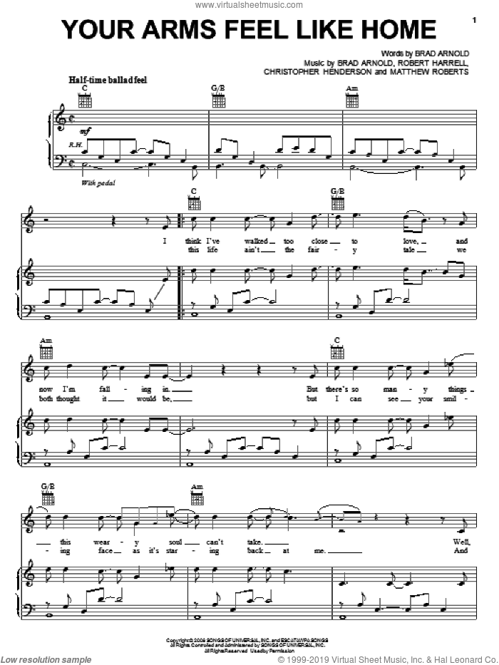 Your Arms Feel Like Home sheet music for voice, piano or guitar by 3 Doors Down, Brad Arnold, Christopher Henderson, Matthew Roberts and Robert Harrell, intermediate skill level