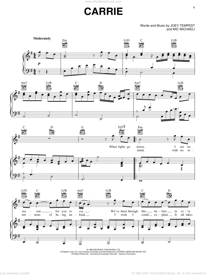 Carrie sheet music for voice, piano or guitar by Europe, Joey Tempest and Mic Michaeli, intermediate skill level
