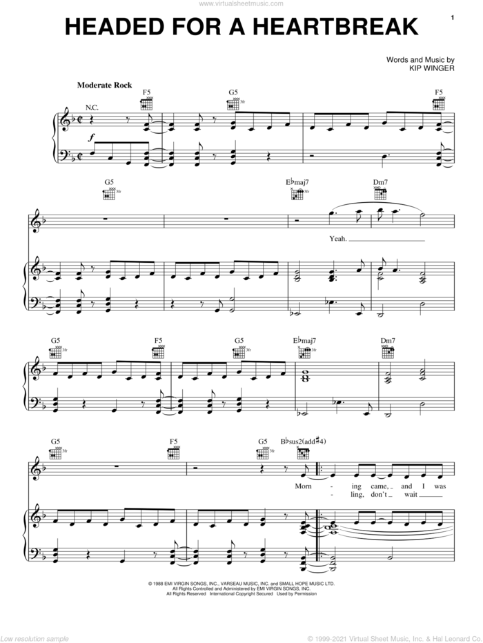 Headed For A Heartbreak sheet music for voice, piano or guitar by Winger and Kip Winger, intermediate skill level