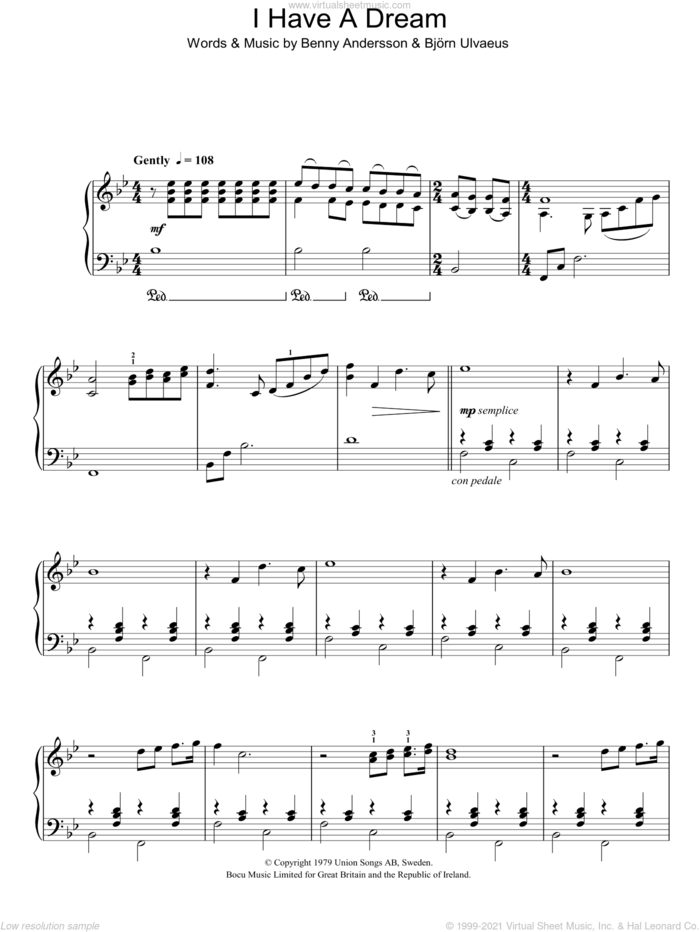 I Have A Dream, (intermediate) sheet music for piano solo by ABBA, Benny Andersson and Bjorn Ulvaeus, intermediate skill level