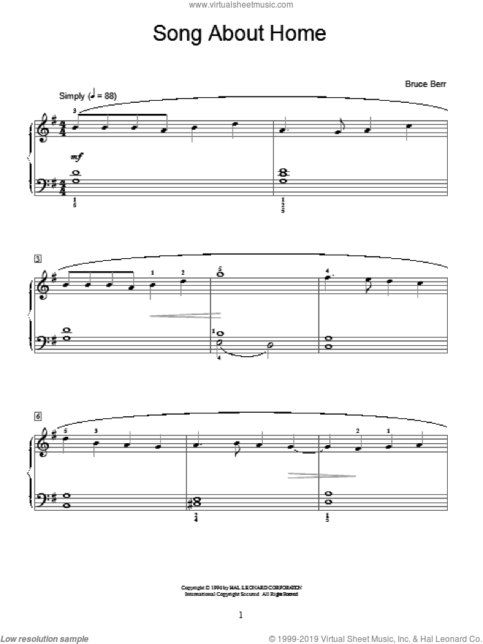Song About Home sheet music for piano solo (elementary) by Bruce Berr and Miscellaneous, beginner piano (elementary)