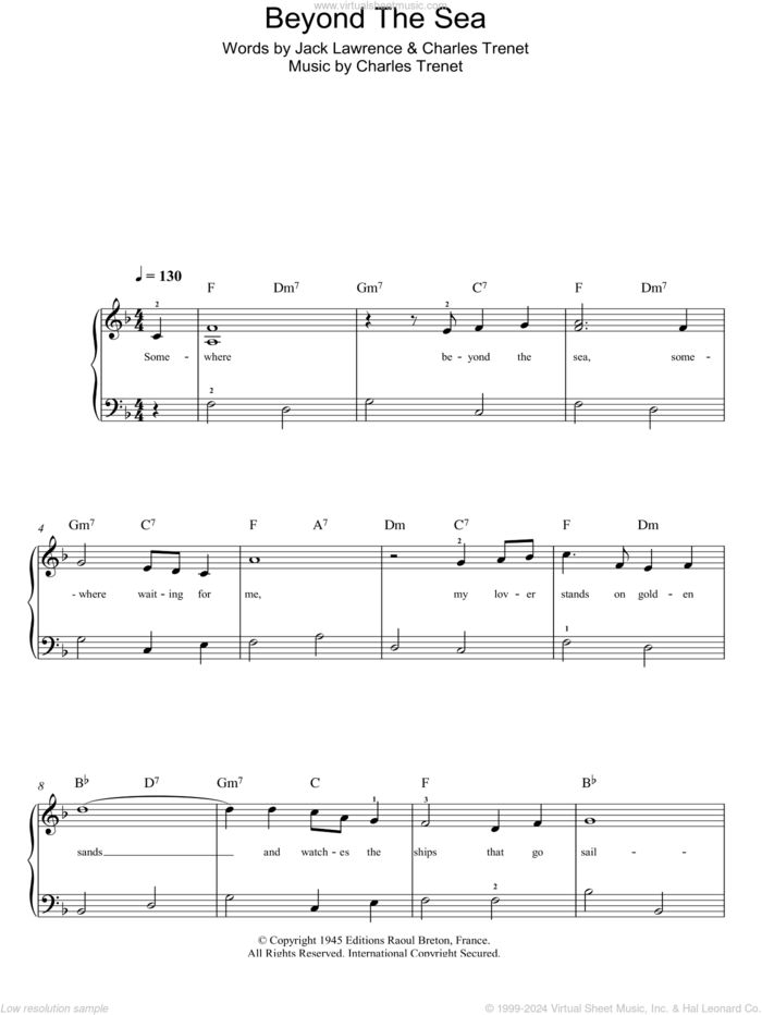 Beyond The Sea sheet music for piano solo by Bobby Darin, Charles Trenet and Jack Lawrence, easy skill level