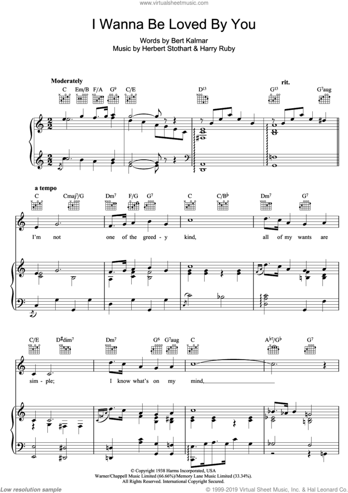 I Wanna Be Loved By You sheet music for voice, piano or guitar by Marilyn Monroe, Harry Ruby, Herbert Stothart and Bert Kalmar, intermediate skill level
