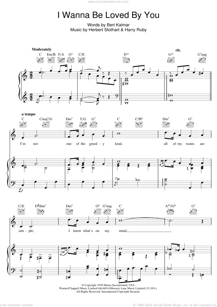 I Wanna Be Loved By You sheet music for voice, piano or guitar by Marilyn Monroe, Harry Ruby, Herbert Stothart and Bert Kalmar, intermediate skill level