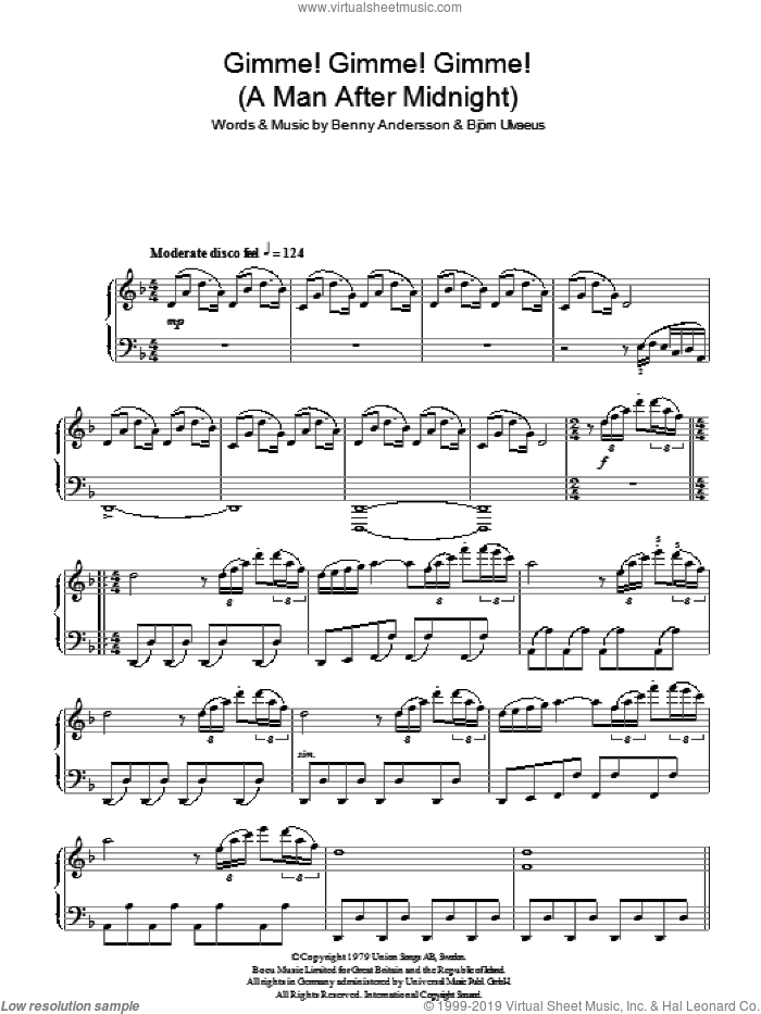 Gimme! Gimme! Gimme! (A Man After Midnight) sheet music for piano solo by ABBA, Benny Andersson, Bjorn Ulvaeus and Miscellaneous, intermediate skill level