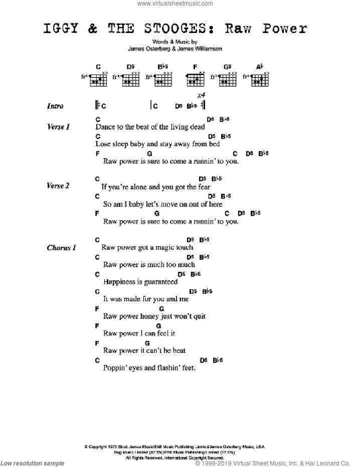 Raw Power sheet music for guitar (chords) by The Stooges, Iggy Pop, James Osterberg and James Williamson, intermediate skill level