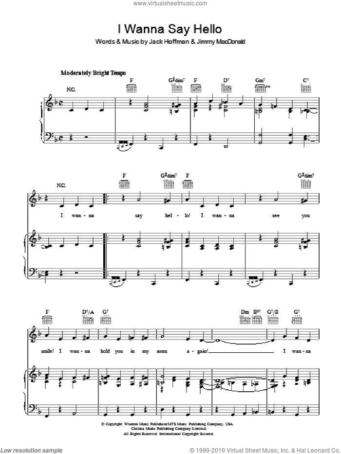 I Wanna Say Hello sheet music for voice, piano or guitar by The Four Knights, Jimmy MacDonald and Jack Hoffman, intermediate skill level