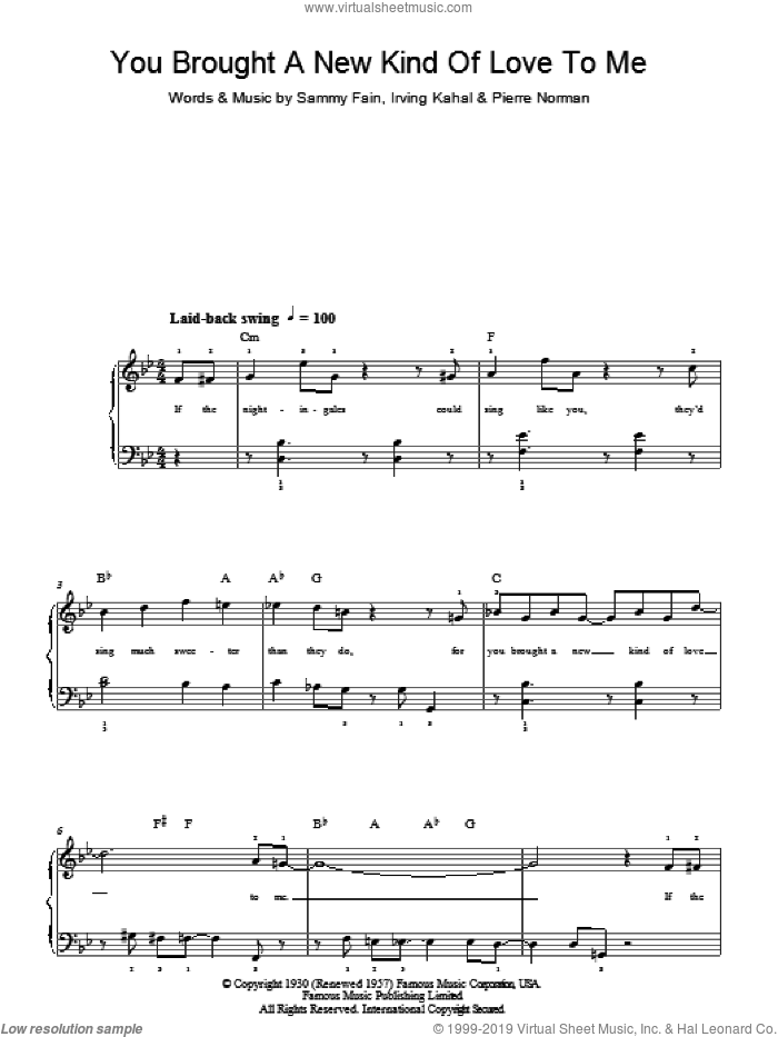 You Brought A New Kind Of Love To Me sheet music for piano solo by Frank Sinatra, Irving Kahal, Pierre Norman and Sammy Fain, easy skill level