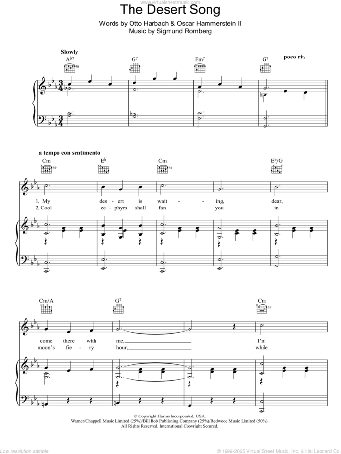 The Desert Song sheet music for voice, piano or guitar by Sigmund Romberg, Oscar II Hammerstein and Otto Harbach, intermediate skill level