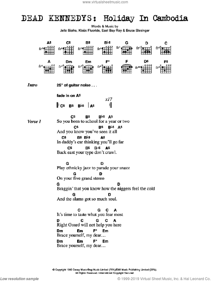 Holiday In Cambodia sheet music for guitar (chords) by Dead Kennedys, Bruce Slesinger, East Bay Ray, Jello Biafra and Klaus Fluoride, intermediate skill level