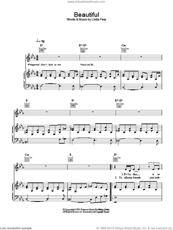 Beautiful sheet music for voice, piano or guitar by Christina Aguilera and Linda Perry, intermediate skill level