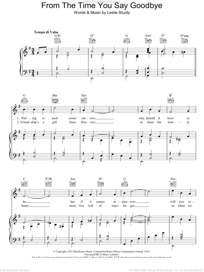 From The Time You Say Goodbye sheet music for voice, piano or guitar by Vera Lynn and Leslie Sturdy, intermediate skill level