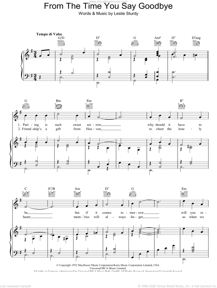 From The Time You Say Goodbye sheet music for voice, piano or guitar by Vera Lynn and Leslie Sturdy, intermediate skill level