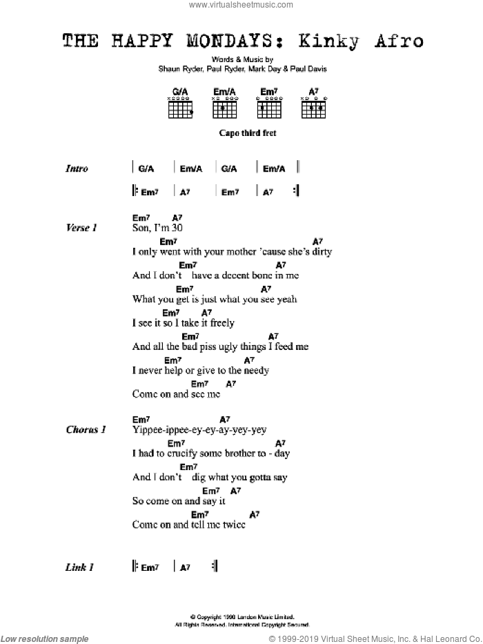 Kinky Afro sheet music for guitar (chords) by Happy Mondays, Mark Day, Paul Davis, Paul Ryder and Shaun Ryder, intermediate skill level