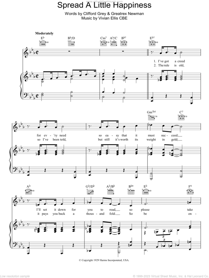 Spread A Little Happiness sheet music for voice, piano or guitar by Clifford Grey, Vivian Ellis and Greatrex Newman, intermediate skill level
