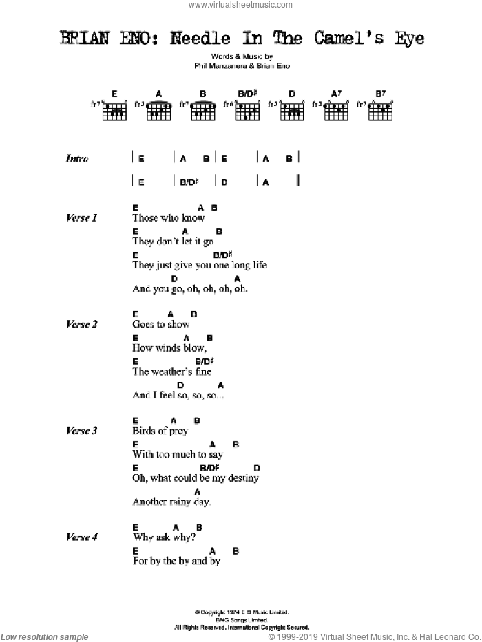Needle In The Camel's Eye sheet music for guitar (chords) by Brian Eno and Phil Manzanera, intermediate skill level
