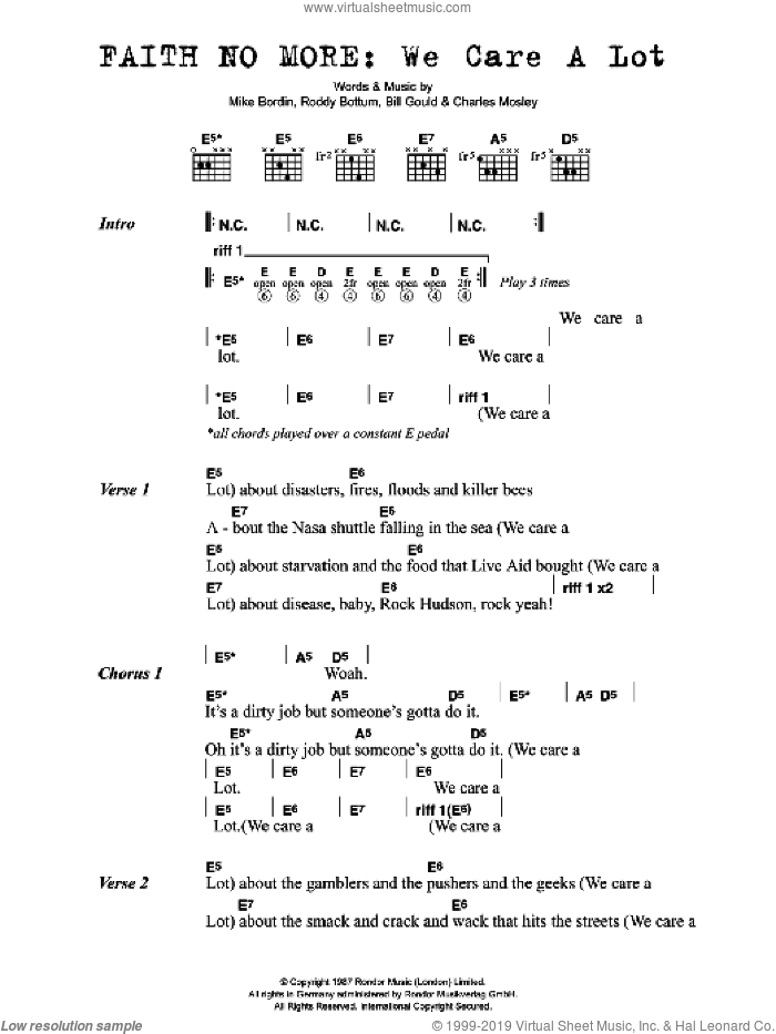 We Care A Lot sheet music for guitar (chords) by Faith No More, Bill Gould, Charles Mosley, Mike Bordin and Roddy Bottum, intermediate skill level