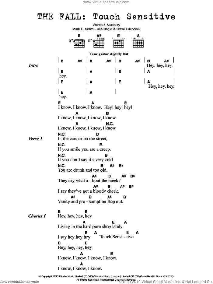 Touch Sensitive sheet music for guitar (chords) by The Fall, Julia Nagle, Mark E. Smith and Steve Hitchcock, intermediate skill level