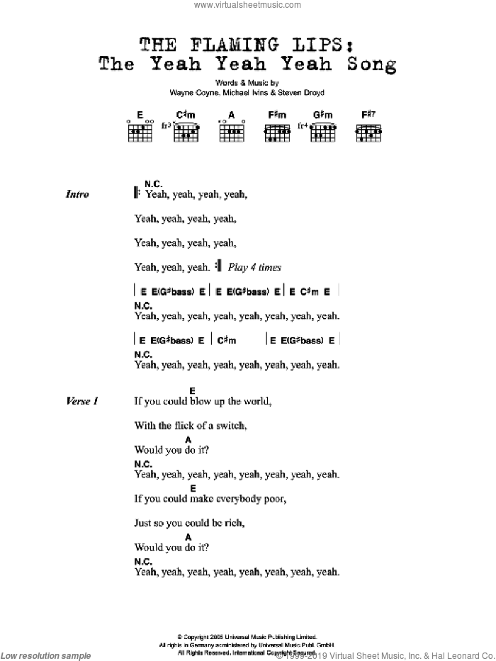 The Yeah Yeah Yeah Song sheet music for guitar (chords) by The Flaming Lips, Michael Ivins, Steven Droyd and Wayne Coyne, intermediate skill level