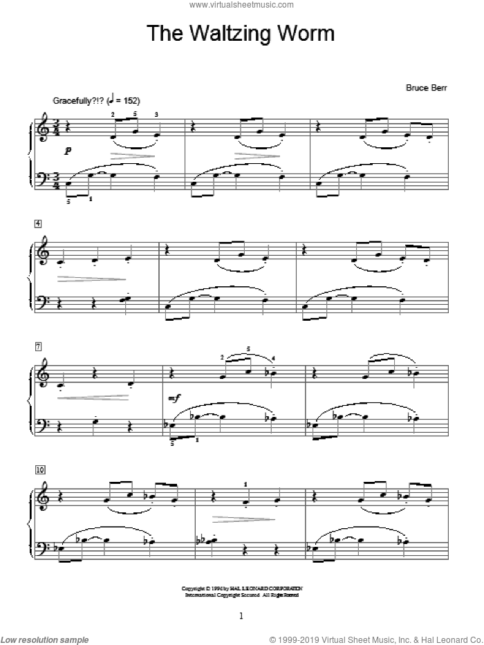 The Waltzing Worm sheet music for piano solo (elementary) by Bruce Berr and Miscellaneous, beginner piano (elementary)