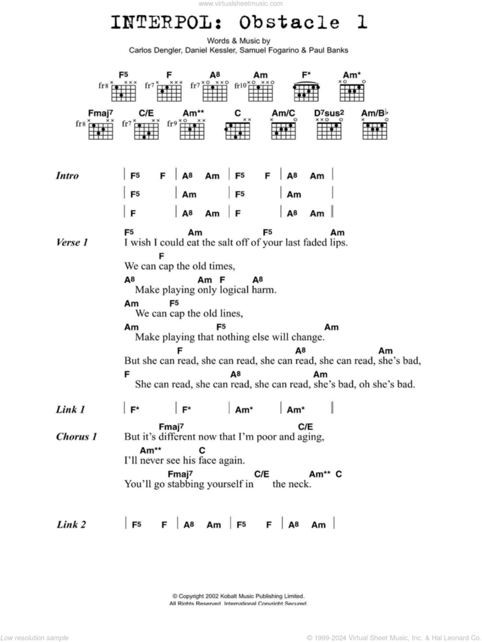 Obstacle 1 sheet music for guitar (chords) by Interpol, Carlos Dengler, Daniel Kessler, Paul Banks and Samuel Fogarino, intermediate skill level