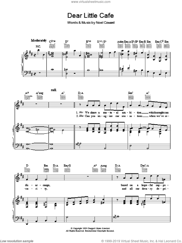 Dear Little Cafe sheet music for voice, piano or guitar by Noel Coward, intermediate skill level
