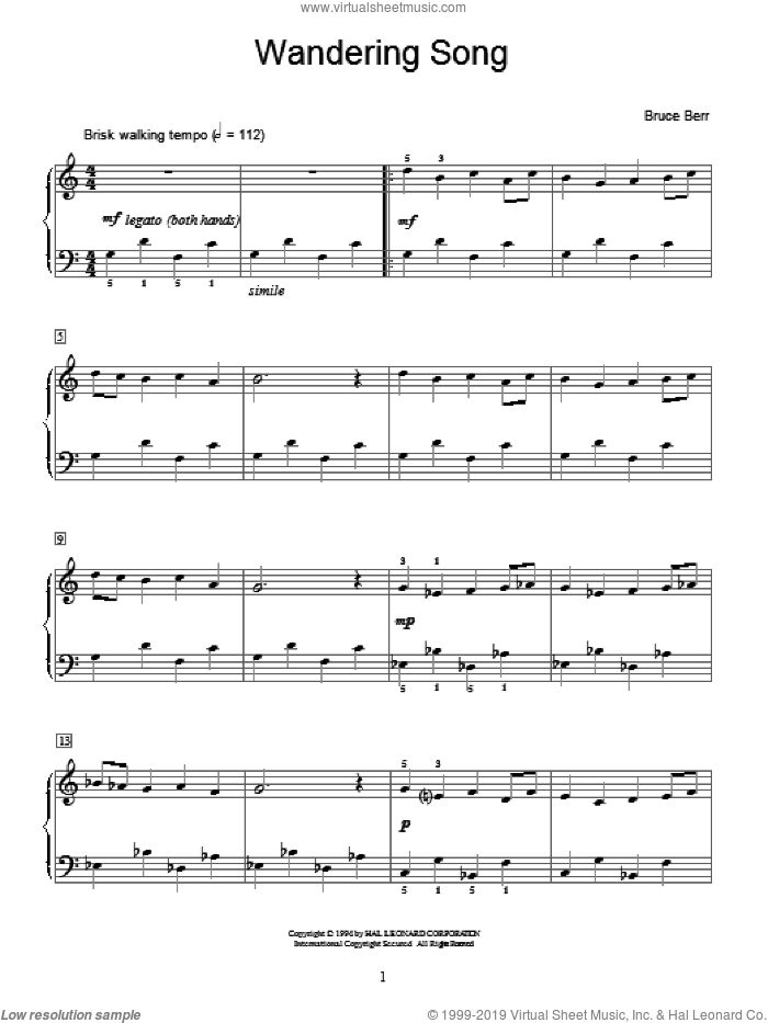 Wandering Song sheet music for piano solo (elementary) by Bruce Berr and Miscellaneous, beginner piano (elementary)