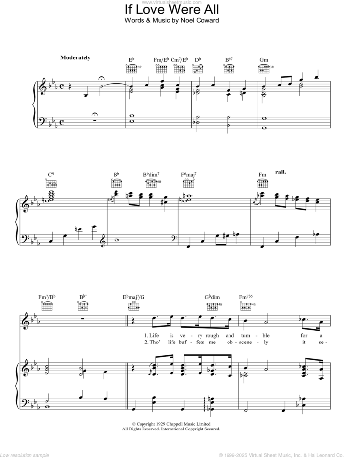 If Love Were All sheet music for voice, piano or guitar by Noel Coward, intermediate skill level