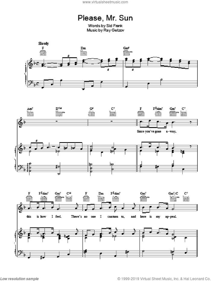Please, Mr. Sun sheet music for voice, piano or guitar by Perry Como, Ramon Getzov and Sid Frank, intermediate skill level