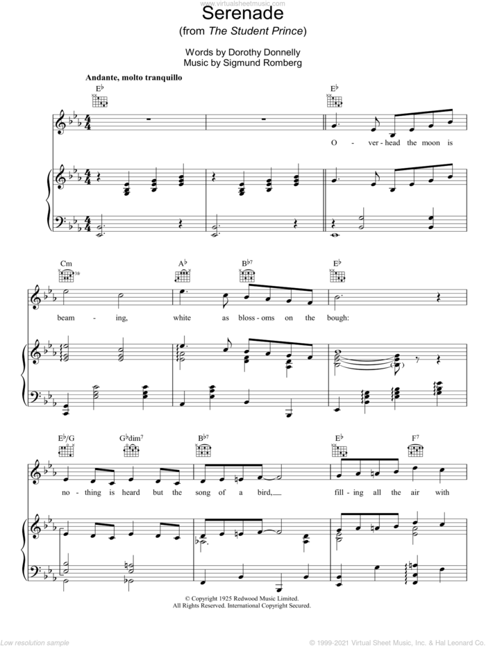 Serenade sheet music for voice, piano or guitar by Sigmund Romberg and Dorothy Donnelly, intermediate skill level