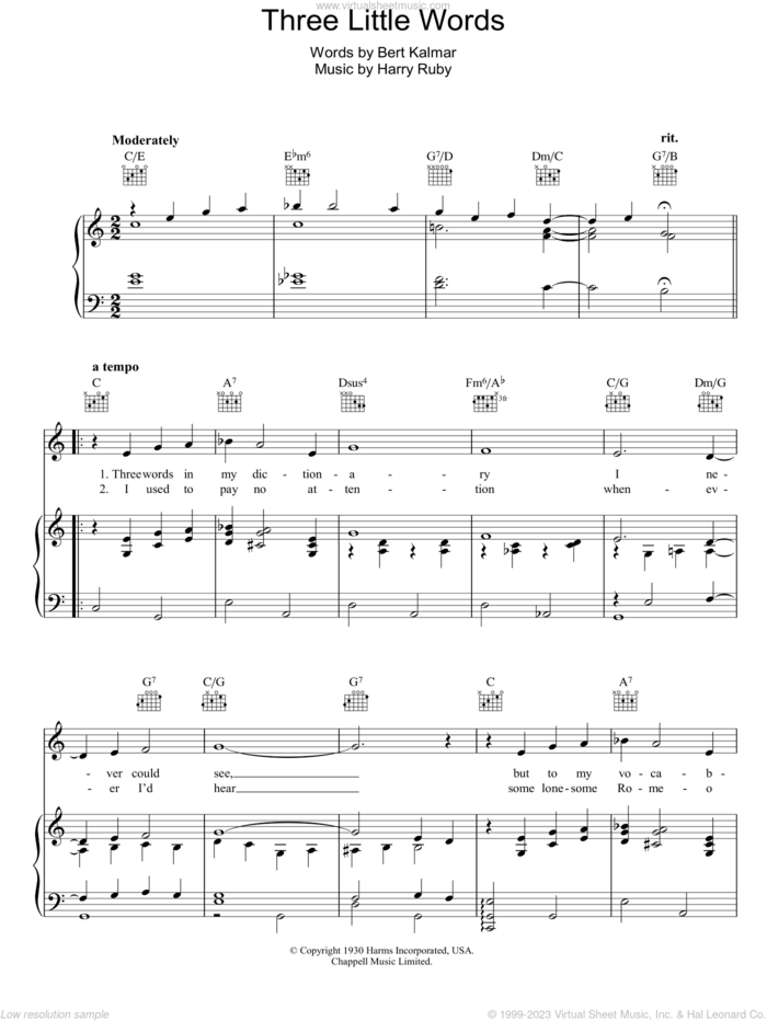 Three Little Words sheet music for voice, piano or guitar by Harry Ruby and Bert Kalmar, intermediate skill level
