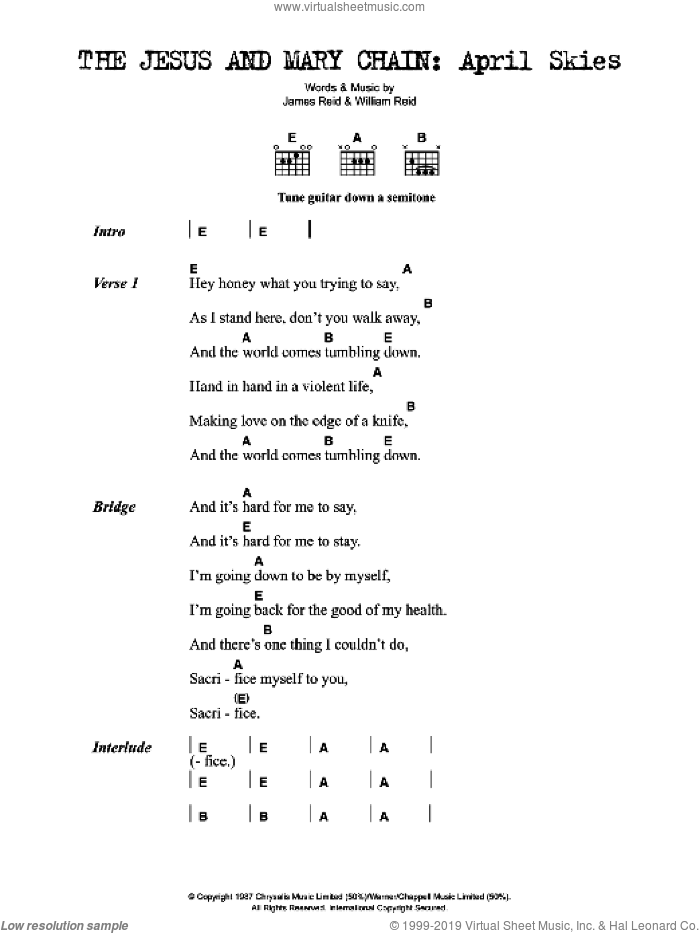 April Skies sheet music for guitar (chords) by The Jesus And Mary Chain, James Reid and William Reid, intermediate skill level