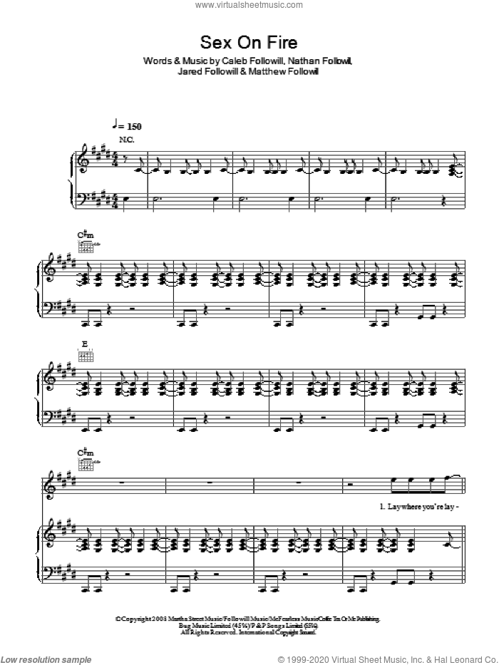 Sex On Fire sheet music for voice, piano or guitar by Kings Of Leon, Caleb Followill, Jared Followill, Matthew Followill and Nathan Followill, intermediate skill level