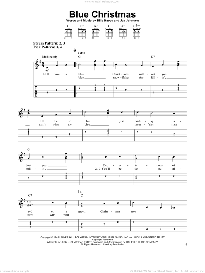 Blue Christmas sheet music for guitar solo (easy tablature) by Elvis Presley, Billy Hayes and Jay Johnson, easy guitar (easy tablature)