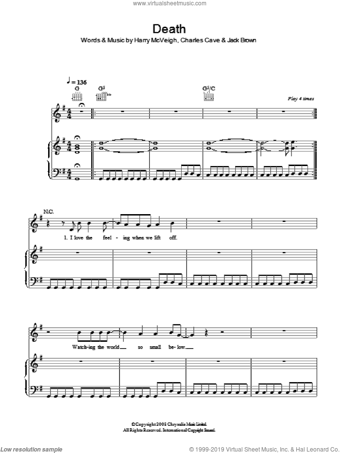 Death sheet music for voice, piano or guitar by White Lies, Charles Cave, Harry McVeigh and Jack Brown, intermediate skill level