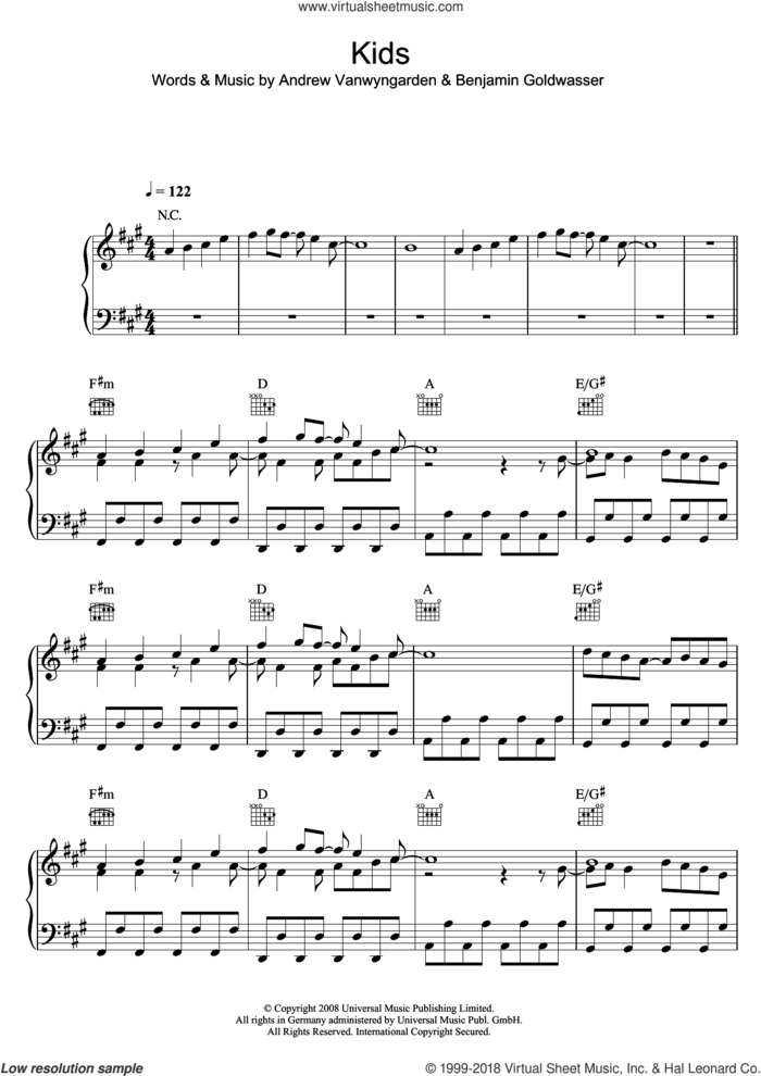 Kids sheet music for voice, piano or guitar by MGMT, Andrew Vanwyngarden and Benjamin Goldwasser, intermediate skill level