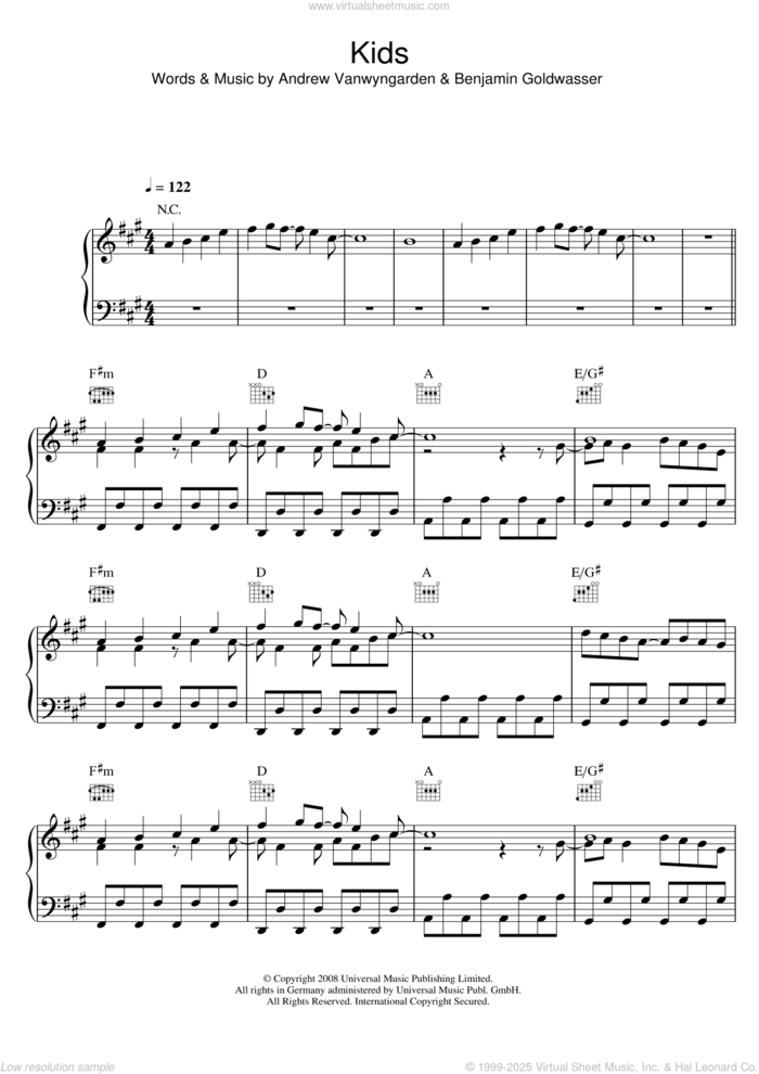 Kids sheet music for voice, piano or guitar by MGMT, Andrew Vanwyngarden and Benjamin Goldwasser, intermediate skill level