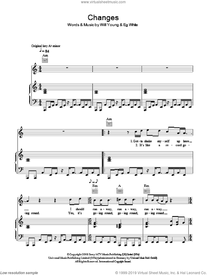 Changes sheet music for voice, piano or guitar by Will Young and Eg White, intermediate skill level