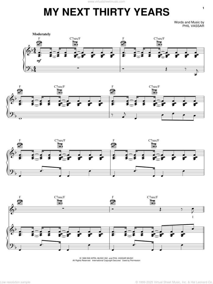 My Next Thirty Years sheet music for voice, piano or guitar by Tim McGraw and Phil Vassar, intermediate skill level